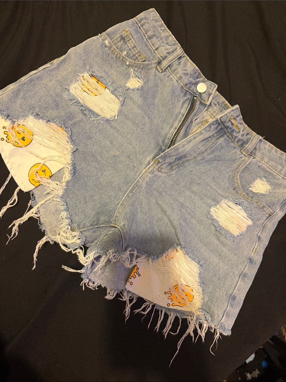 Light Blue High-Waist Distressed Denim Shorts with Patch Details